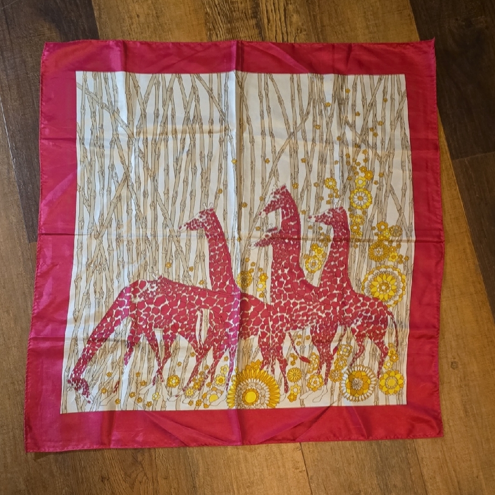 Vintage 70s Hot Pink Giraffe Bamboo Print Scarf